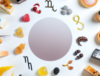 A collection of gourmet desserts arranged in a circular pattern, representing the zodiac signs