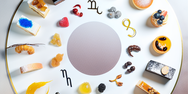 A collection of gourmet desserts arranged in a circular pattern, representing the zodiac signs