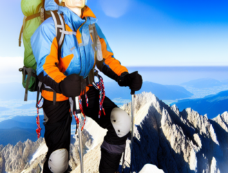 A mountain climber reaching the summit with a sense of accomplishment