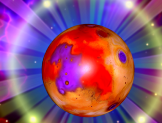A representation of planet mars, which governs the aries zodiac sign, showcased in vivid color in the solar system